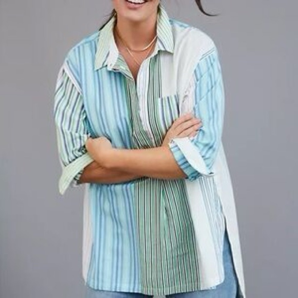 Anthropologie Maeve Oversized Button Down Stripe Alix Henley Pop Over Top - Picture 2 of 11